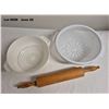 Image 5 : Misc Kitchen Lot - Antique Rolling Pin, Enamel Roaster, Angel Food cake pan, 2 teflon frying pans, 2