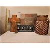 Image 1 : Home Decor Lot - 2 Hope signs, clay cross, large glass pot