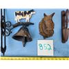 Image 1 : 3 beautiful cast iron pieces - bell has lovely tone, Horse Towel Hanger, Shovel Door Knocker