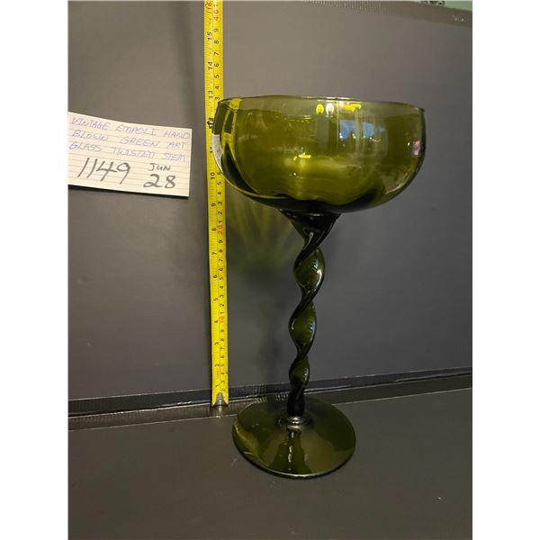 Vintage Empoli hand blown green art glass w. Twisted stem
