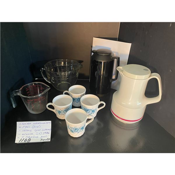 Anchor Hocking (8 cup) - Pyrex (2 cup) - Thermos (West Germany) - Mikasa (1L) Japan - 4 Corning mugs