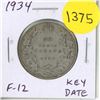 Image 1 : 1934 Silver 50 Cents. Key Date. Mintage of 39,539. F-12.