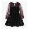 Image 1 : PatPat Girls’ Black Velvet Dress with Red Heart Pattern Mesh Sleeves (Size 8-9 Years)
