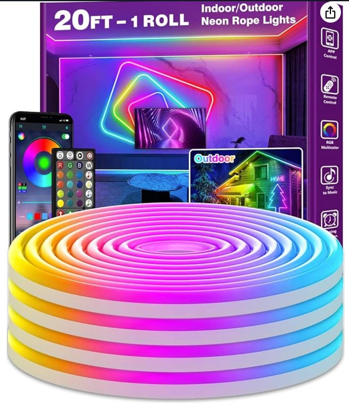 AILBTON LED Neon Rope Lights, 20ft, RGB, IP65, Music Sync