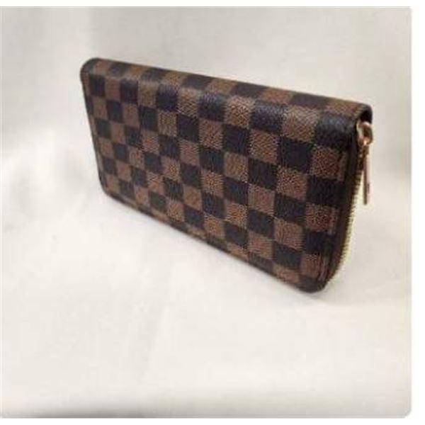 Brown and Black Checkered Zipper Wallet with Gold Hardware
