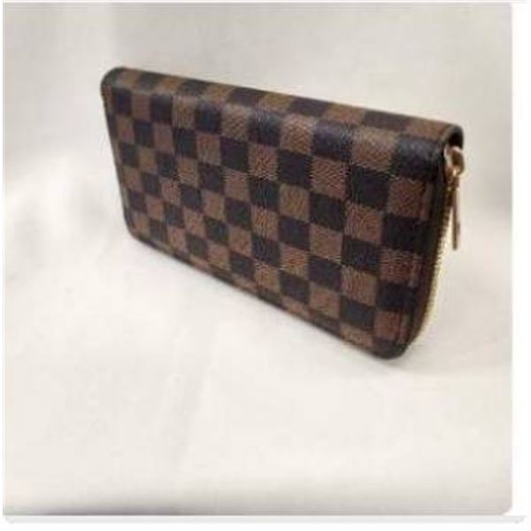 Brown and Black Checkered Zipper Wallet with Gold Hardware