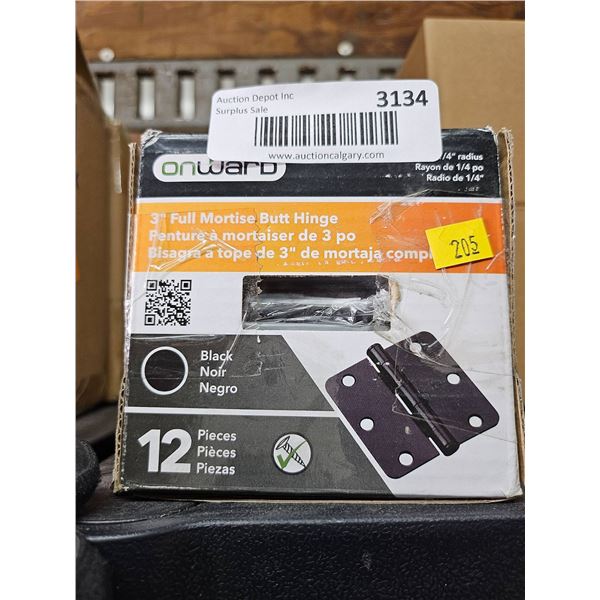 Onward 3-Inch Full Mortise Butt Hinges, Black, 1/4-Inch Radius, 12 Pieces (Model 208FBR)