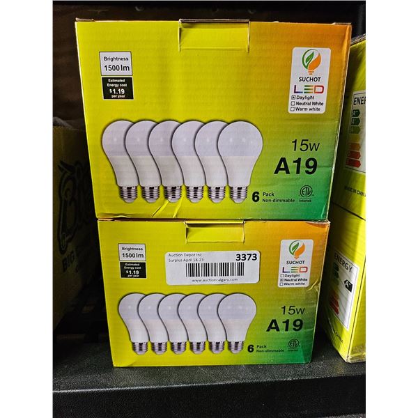 Lot of 2 Sukoi LED 15W A19 Bulbs, E26 Base, 6-Pack, 1500 Lumens