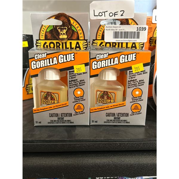 Lot of 2 Clear Gorilla Glue Adhesive Bottles, 51mL Each