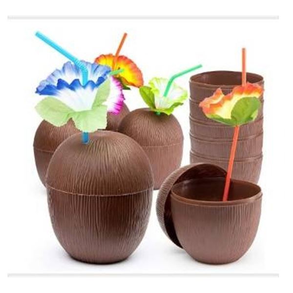 Prextex Coconut Cups with Hibiscus Straws, Set of 18