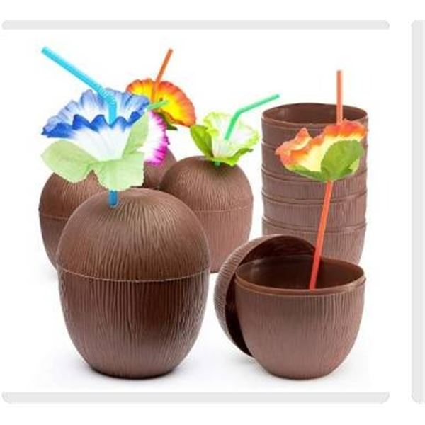 Prextex Coconut Cups with Hibiscus Straws, Set of 18