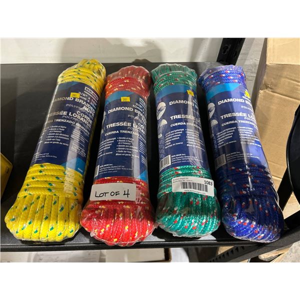 Ben-Mor 3/8 in x 100 ft Braided Polypropylene Rope – Lot of 4 (Yellow, Red, Green, Blue)