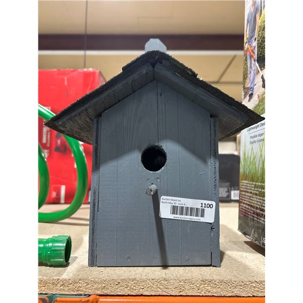 Locally Handrafted Gray Wooden Birdhouse with Front Perch and Roof Shingles