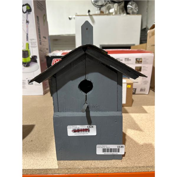 Locally Handmade Gray Wooden Birdhouse with Asphalt Shingle Roof