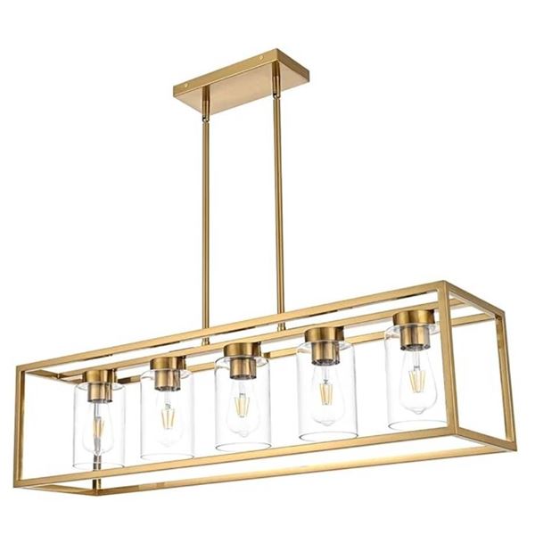 A1A9 Farmhouse Chandeliers for Kitchen Island, Brushed Brass 5-Light Dining Room Lighting Fixtures, 