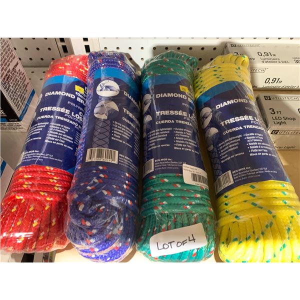 Ben-Mor Diamond Braided Polypropylene Rope, 3/8″ x 100′ (10mm x 30m), Lot of 4