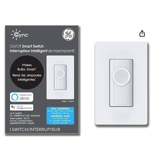 Cync 3- Wire Smart Switch-On-Off Button Style 1.5-Amp Single-Pole-3-Way White Smart Illuminated Touc