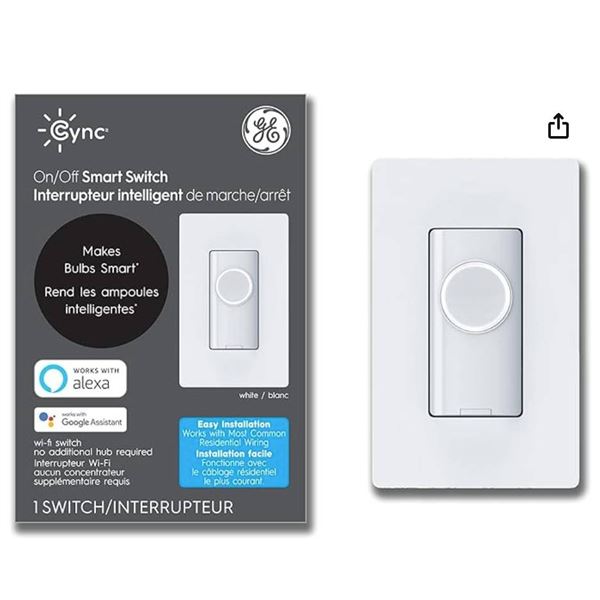 Cync 3- Wire Smart Switch-On-Off Button Style 1.5-Amp Single-Pole-3-Way White Smart Illuminated Touc