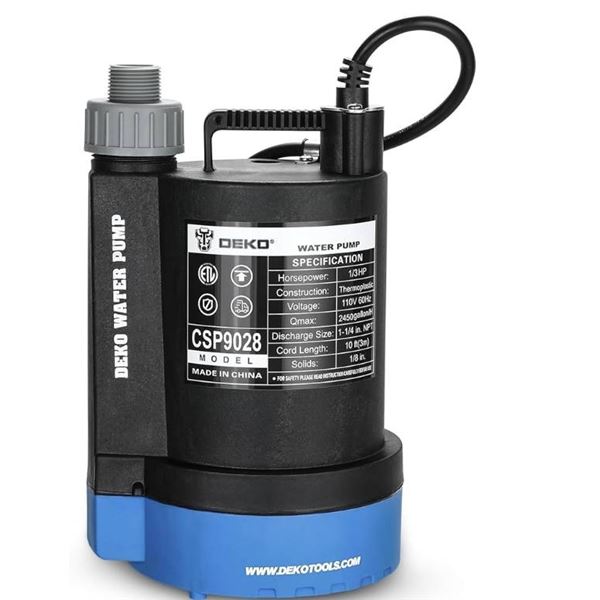 DEKOPRO Submersible Water Pump 1/3 HP 2450GPH Utility Pump Thermoplastic Electric Portable Transfer 