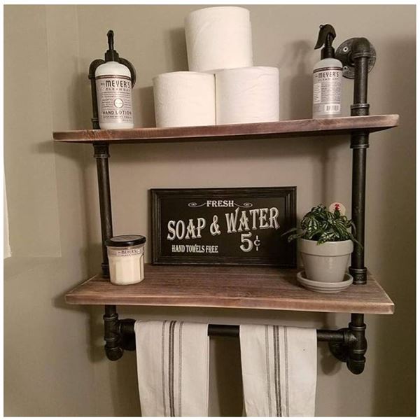 FODUE Industrial Pipe Shelf,Rustic Wall Shelf with Towel Bar 2 Shelves