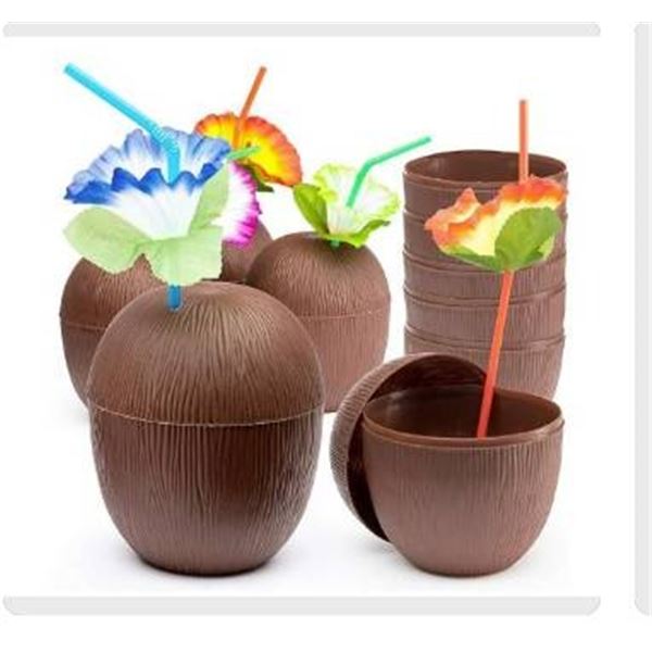 Prextex Coconut Cups with Hibiscus Straws, Set of 18