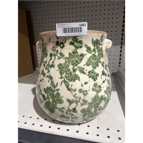 Decorative Ceramic Vase With Green Floral Pattern, 10-Inch Height