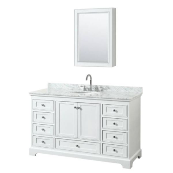 Wyndham Collection Deborah 60 Inch Single Vanity in White, Carrara Marble Top, Oval Sink NEW IN CRAT