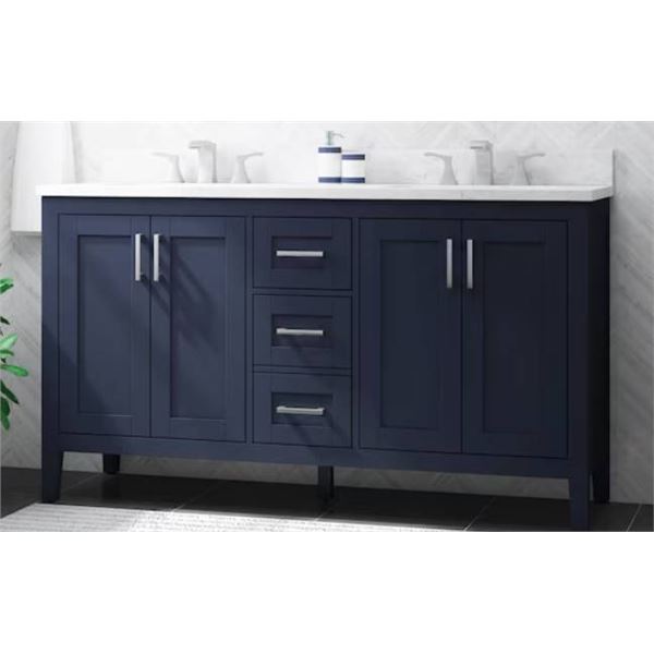 60-inch W 4-Door & 2-Drawer Navy Wood Bathroom Vanity Double Undermount Sinks with White Engineered 