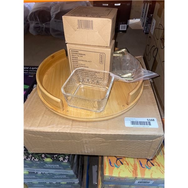 Round Bamboo Serving Tray With Glass Bowl and Accessories