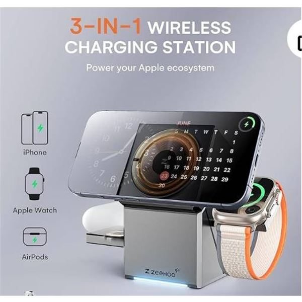 ZEEHOO 3 in 1 Charging Station for Apple MagSafe Charger, CubeTrick-X Qi2 15W Fast Wireless Charger 