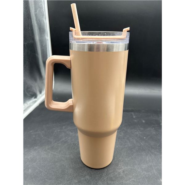Dual-layer Insulated Tumbler with Handle and Straw, Beige, 40 oz