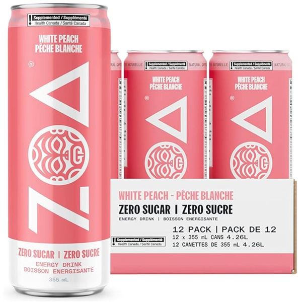 ZOA Zero Sugar Energy Drinks, White Peach – 355ml (Pack of 12)