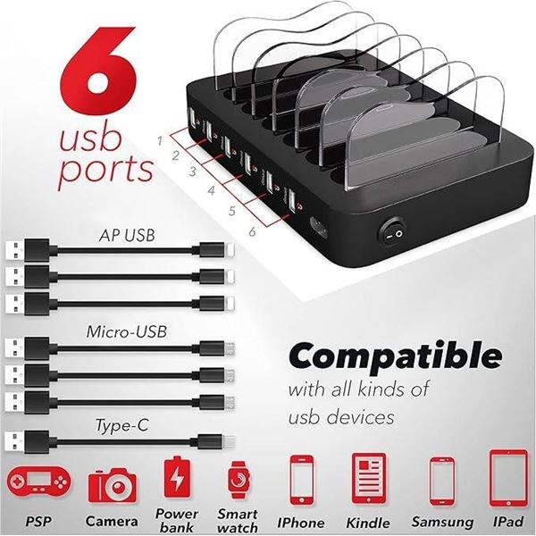 USB Charging Station Dock – 6-Port – Fast Charge Docking Station for Multiple Devi