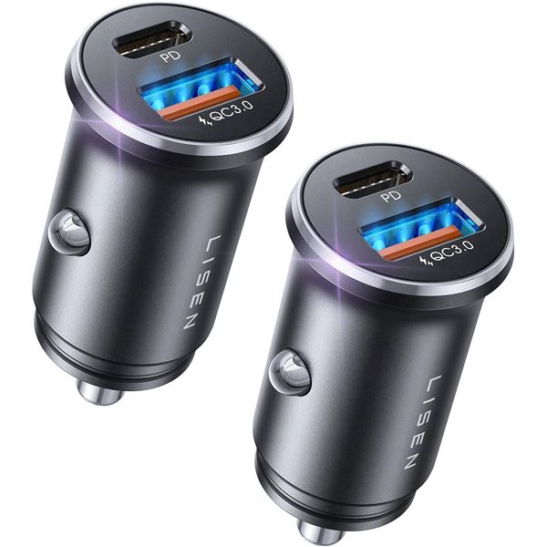 2 Black Car Adapters with USB and USB-C Outlets Model Car-AC-2