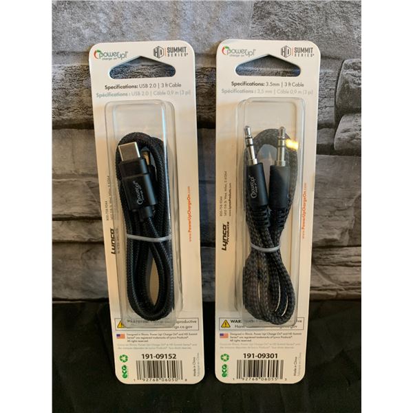 Lot of 2 Cords - USB Cable - Type C Connection - 3ft - Black / Aux Stereo Cable - 3ft - Black