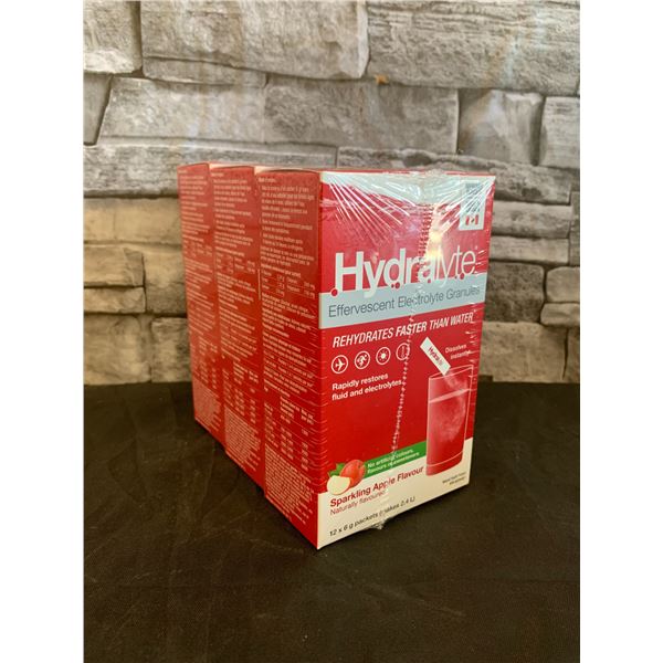 Lot of 3 - Hydralyte Electrolyte Granules - Sparkling Apple Flavour - 12 x 6g packets