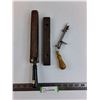 Image 1 : (3) Antique items (Straight Razor Strop, Rug Hooking Tool, Level)