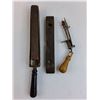 Image 2 : (3) Antique items (Straight Razor Strop, Rug Hooking Tool, Level)