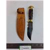 Image 1 : Wood/Metal Handled Hunting Knife with Leather Sheath - 9" Length