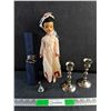 Image 1 : Table Cloth, Miniature Bell, Porcelain Doll and Candle Holders