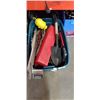 Image 1 : TOTE OF ASSORTED SHOP TOOLS, JUMPER CABLES, TRIANGLES AND MORE