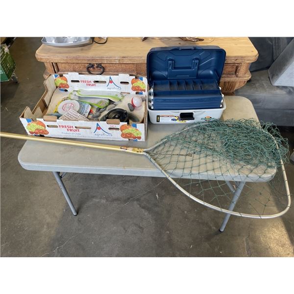 FISHING ITEMS INCLUDING NET, SALMON REEL, FLASHERS, TACKLEBOX, DOWNRIGGER STEEL LINE ETC.