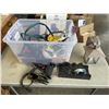 Image 1 : TOTE OF JUMPER CABLES, AXLE STANDS, POWER BAR, TOOLS AND MORE