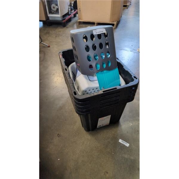 5 STORAGE TOTES 102 L EACH AND BASKET OF CAONTAINERS
