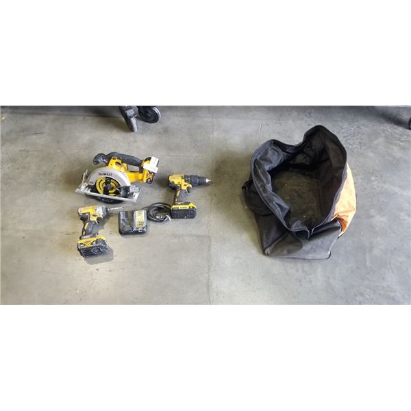DEWALT 20V VORDLESS TOOL SET WITH CIRCULAR SDAW, IMPACT GUN AND DRILL, WITH 2 4AH BATTERIES, ONE 2AH