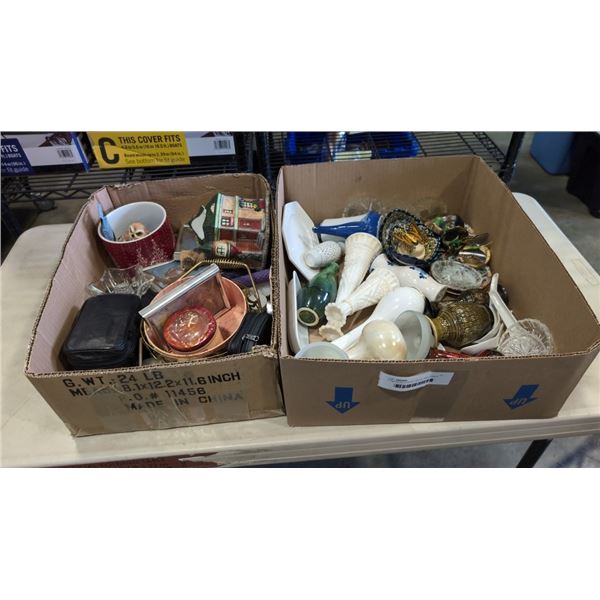 2 TRAYS OF COLLECTIBLES, MINI VASES ETC