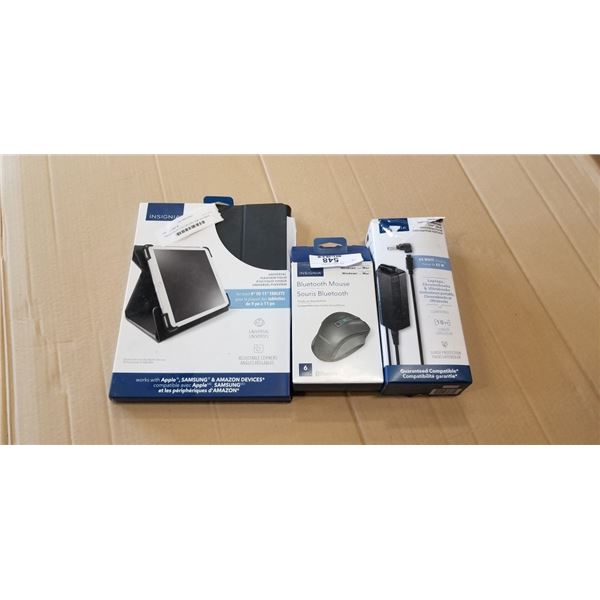 INSIGNIA BLUETOOTH MOUSE, 65W UNIVERSAL LAPTOP CHARGER AND FLEXVIEW FOLIO