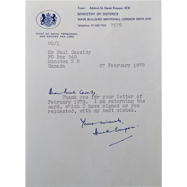 Leslie Derek Empson signed letter