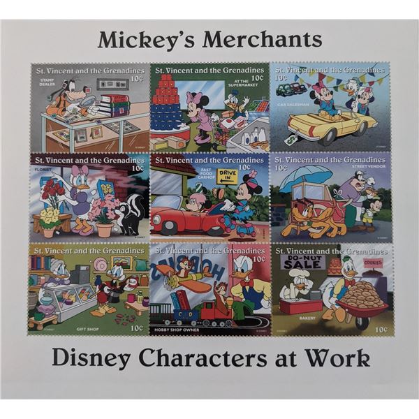 Mickey's Merchants Disney Characters At Work Stamp Sheet -St. Vincent and The Grenadines