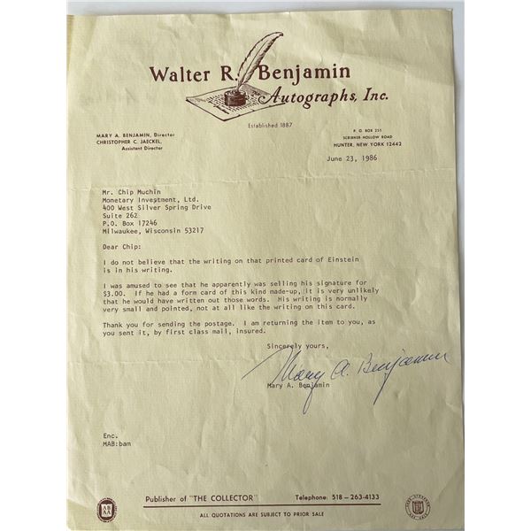 Mary A. Benjamin signed letter